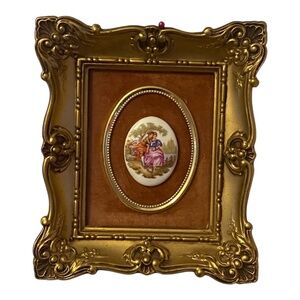 Vintage mini Fragonard ceramic & velvet gold framed pics. 3 pce